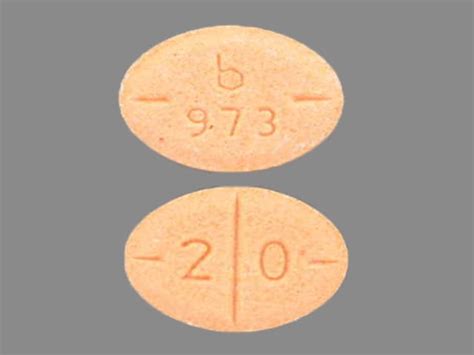Aug 17, 2009 The 20mg pills are oval and peach in color, with b973 stamped on one side and 20 stamped on the other. . Orange oval pill b 973